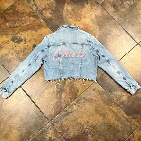 Guess Cropped Denim Jacket Raw Hem Medium - Picture 6 of 9